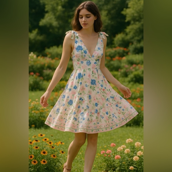 Floral Sleeveless Dress - Blue and Pink - Picture 2 of 2